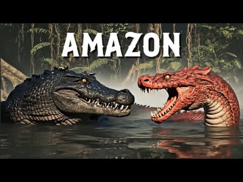 Deep Amazon jungle at dusk, heavy fog above dark river