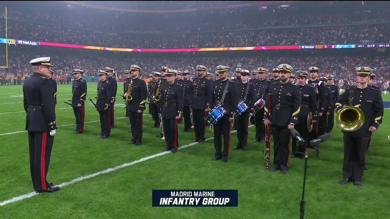 The Madrid Marine Infantry Group Performs the National Anthem of Spain at the Madrid Game