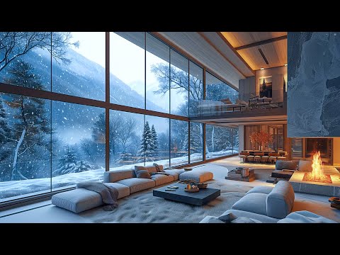 Relaxing Winter Jazz - Cozy Living Room Ambience with Unwind Smooth Jazz, Snowfall and Fireplace