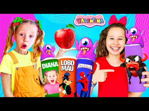 Valentina & Erlania eat fruits/veggies, become heroes-Pretend play as with magic chips