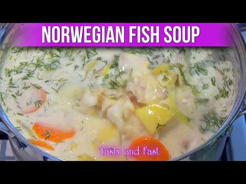 Tasty Norwegian fish soup. Norwegian cod fish soup. 4K