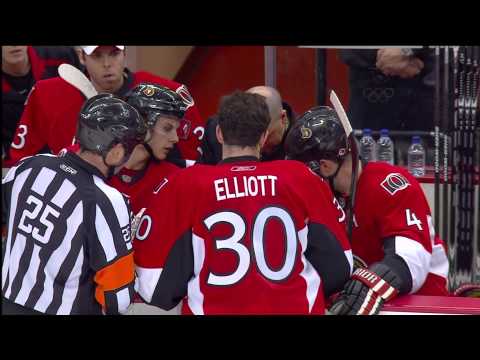 Elliott takes it in the FACE and Gustavsson makes a HUGE Save - Mar 16th 2010 (HD)