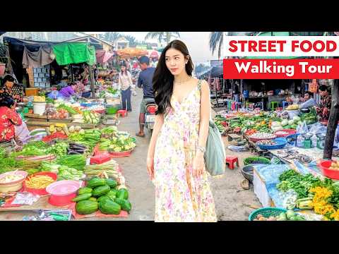 Amazing Countryside Street Food — Walking Tour in CAMBODIA — Walk Explore Traditional Market 4K