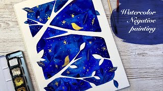 Watercolor tutorial 🎨 Dreamy night scene in Negative painting technique