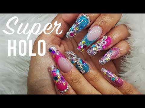 LONG COFFIN BLING ACRYLIC NAILS | MUTLI COLOURED | ENCAPSULATED GLITTER & AURORA HOLO PIGMENT