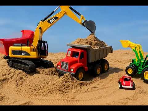 Compilation of excavator dump truck and tractor playing in the sand - Toy car story