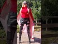 4k Granate Styling Walking Outdoor Presenting Red Coat Thigh High Boots High Heels