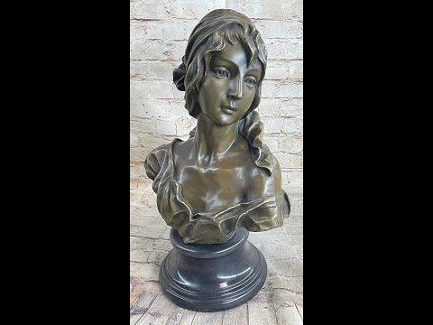 SIGNED BRONZE HANDCRAFTED CLASSIC SCULPTURE LADY BUST STATUETTE ON SCULPTURE