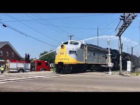 Fire Truck Gives Steam Train A Moving Car Wash!  C&O 2716 On The Move! Video