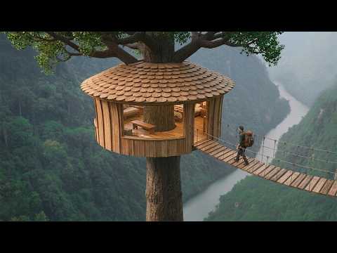 The Man Built His Dream house on a Tall Tree. Solo Survival, Cooking and Overnight.