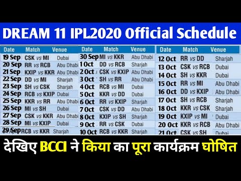 IPL 2020 : BCCI OFFICIALLY ANNOUNCES IPL 2020 NEW SCHEDULE & TIME TABLE FOR DREAM 11 IPL 2020