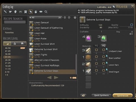 FFXIV Weaver Levels 31-35 Recipes