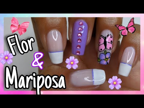 DECORACIÓN DE UÑAS FLOR LILA FÁCIL Y MARIPOSA ROSA ♥ NailArt By Andy