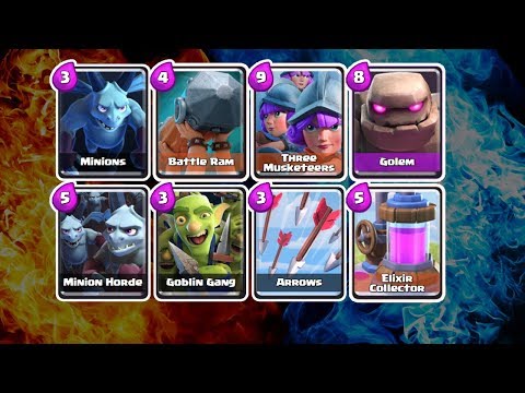 Clash Royale Deck 5.1 Elixir | GOLEM | THREE MUSKETEERS | BATTLE RAM | MINION HORDE