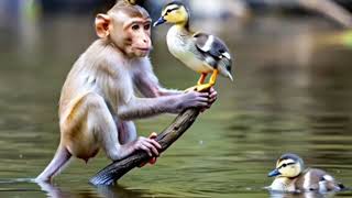 Monkey saves ducklings from drowning AI Video