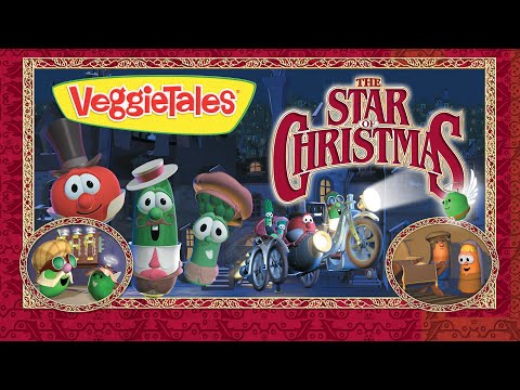 Poster for VeggieTales: The Star of Christmas, with festive veggie characters and an ornate red border.