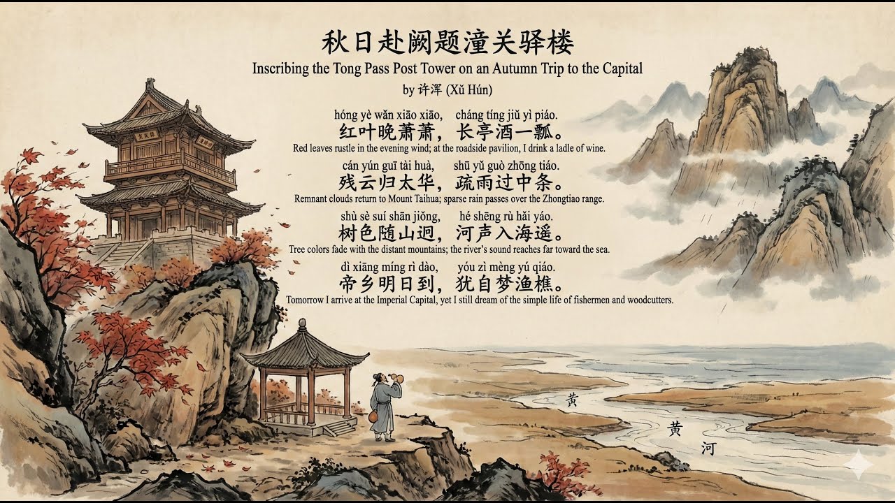 Qiū Rì Fù Què Tí Tóng Guān Yì Lóu 秋日赴阙题潼关驿楼 Inscribing the Tong Pass Post Tower on an Autumn Trip to the Capital 