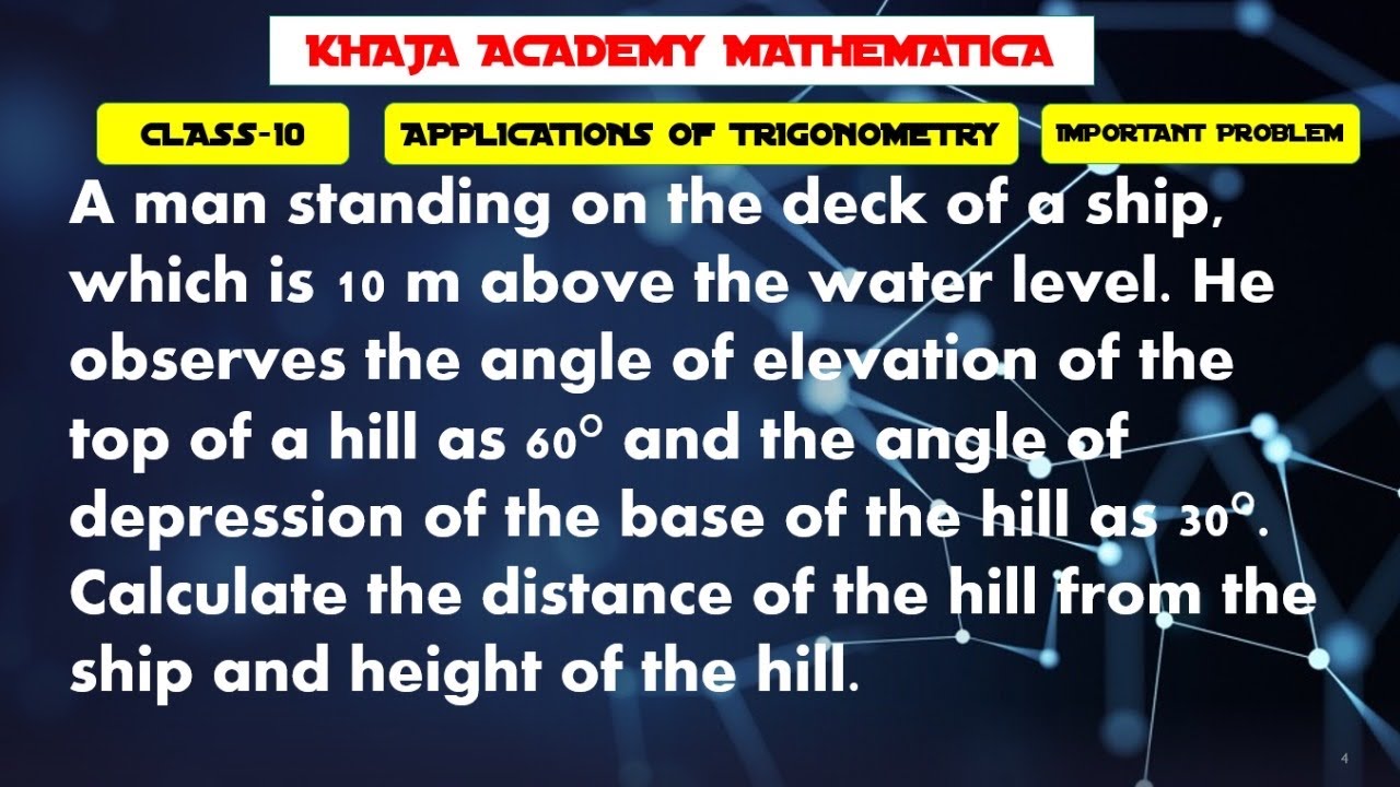 Watch video A man standing on the deck of a ship, which is 10 m above the water level.APPLICATIONSOFTRIGONOMETRY Now A man standing on the deck of a ship, which is 10 m above the water level.APPLICATIONSOFTRIGONOMETRY