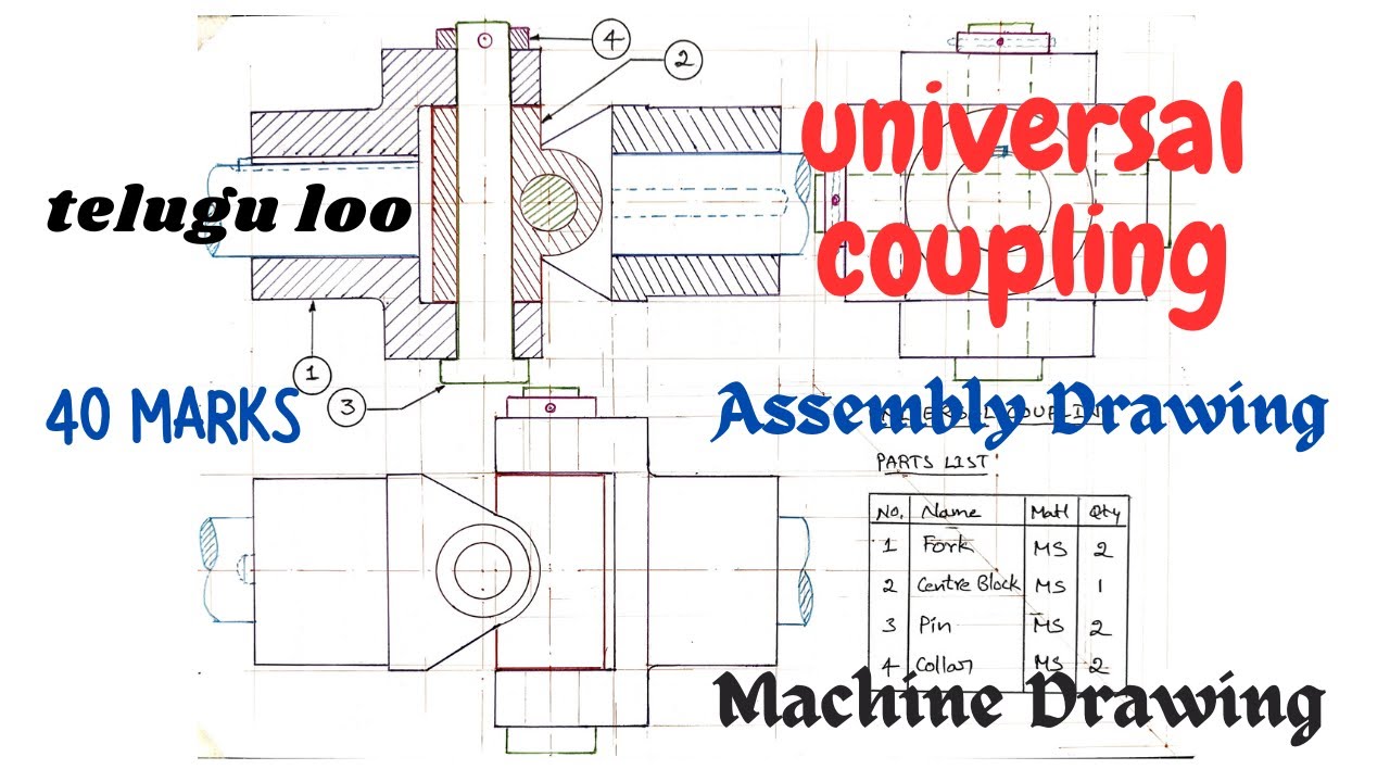 Universal Coupling Assembly Drawing | Machine Drawing | #mechanical | B.Tech | Diploma | Telugu loo