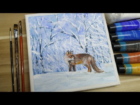 Acrylic painting / a fox in winter forest / Easy painting Tutorial # 109