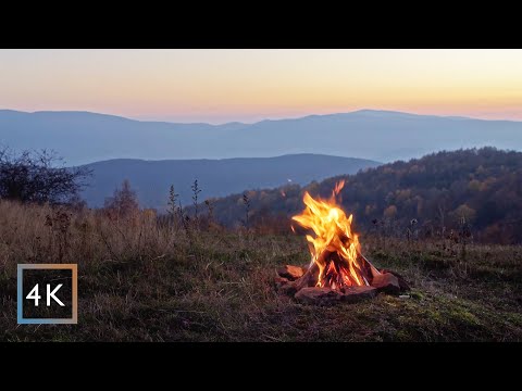 🔥 4 hours - Campfire in the Mountains | Sunset and Cracking Fire | Campfire Sounds | 4K Video