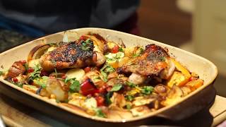 Kate Percy&#39;s 5 to Thrive - Mango Chutney Chicken &amp; Caramelised Winter Vegetable Traybake