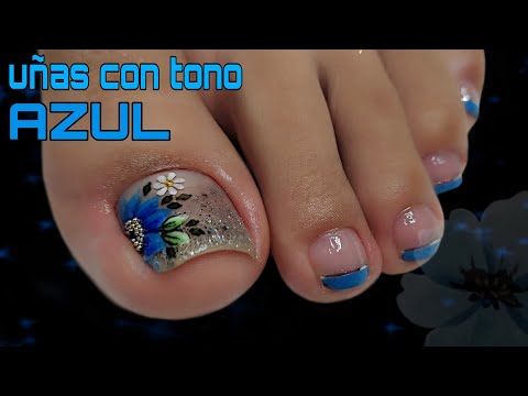 Hermosa decoración de UÑAS en tonalidad AZUL 💙/decoracion con flor/ONE STROKE 💅