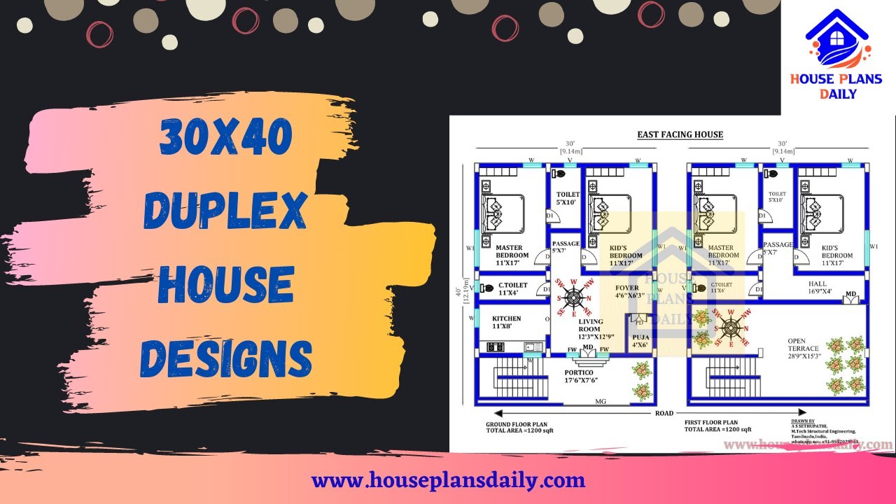 30×40  Low Cost Duplex House Design | 1200 Sqft South Facing House