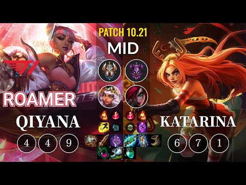T1 Roamer Qiyana vs Katarina Mid - KR Patch 10.21