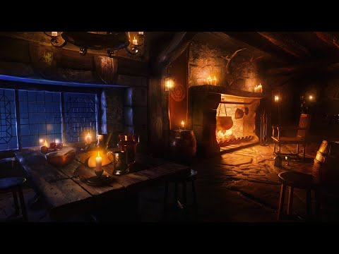 Fireside Harp Music | Medieval Tavern Ambience for Sleep🌛, Relaxation, Study 😌🙌🔥