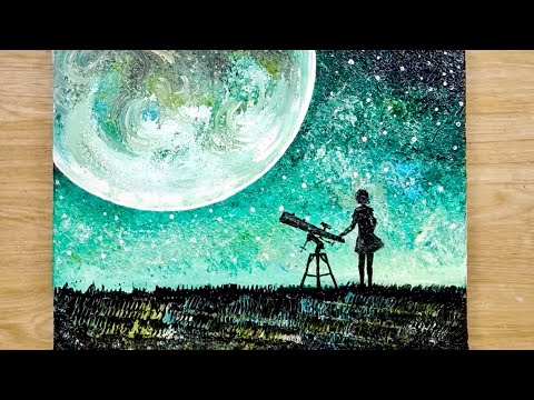 Easy painting technique using comb / How to draw a moonlight girl looking at earth