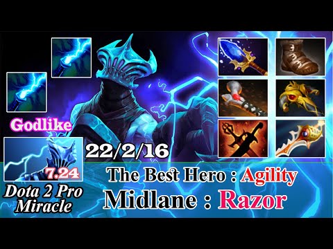 Razor Midlane Godlike 22 Kill - Dota 2 Pro Miracle Spotlight Gameplay Patch 7.24 - Dota 2 Pro