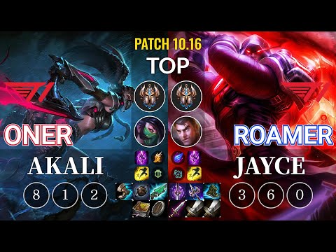 T1 Oner Akali vs T1 Roamer Jayce Top - KR Patch 10.16