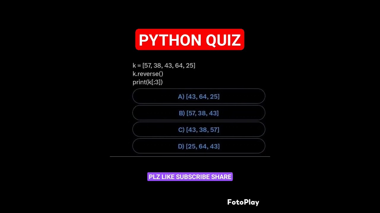 PYTHON QUIZ #coder #iot #python #blockchain #ai #java #coding #cod #bts #btc #pythoncode #quiz #omr