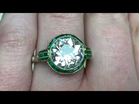 4.01ct Center Old European Cut Diamond and Emerald Halo Engagement Ring - Altona Ring - Hand Video