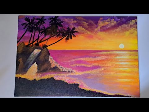 Pink Sunset Acrylic Painting | Dark Ocean Seascape Painting | Step by Step for Beginner | Melsiha