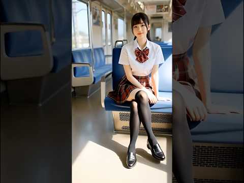 電車の中で交互に脚を組んでいる女子高生