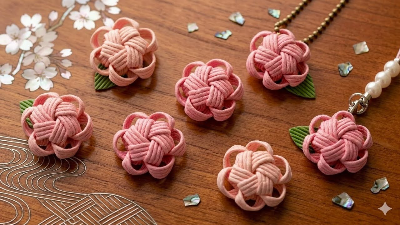 春を感じる桜風🌸花結びのお花のチャーム/簡単紙バンド小物の作り方　はじめてのエコクラフト・クラフトバンド
