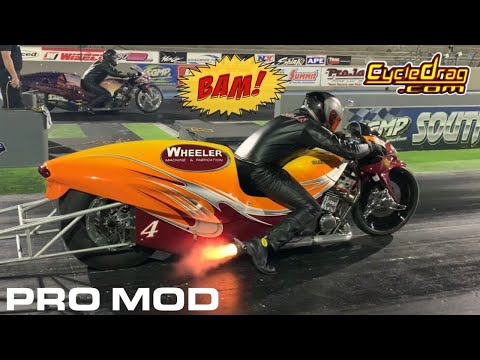 INSANE ACCELERATION OF 700HP NITROUS OXIDE PRO MOD MOTORCYCLES ON COLD, SLICK NHRA DRAG BIKE TRACK!