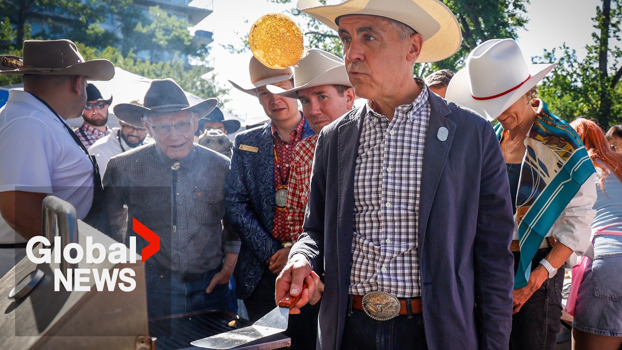 Video: Carney attends Calgary Stampede pancake breakfast amid Alberta unity concerns