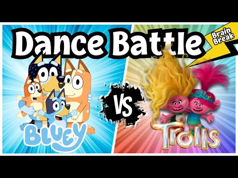 Dance Battle: Bluey vs Trolls | Brain Break | Just Dance | Trolls Band Together | Bluey and Bingo
