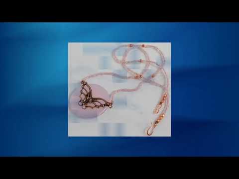 20" Vintage Pink Glass and Copper Butterfly Disk Pendant Beaded Necklace