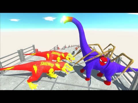 SPIDERMAN BRACHIO vs 2X FLASH T-REX vs KISSY MISSY SPINO DEATH FALL - Animal Revolt Battle Simulator