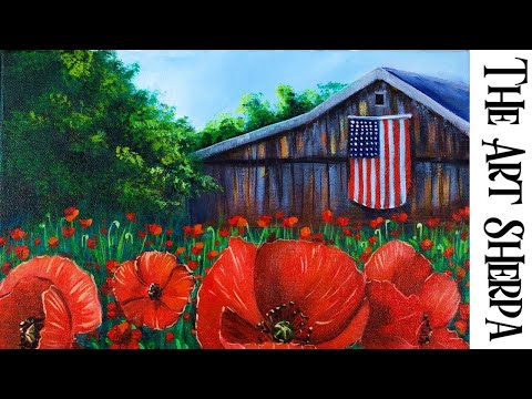 , title : 'RED POPPY FIELD OLD BARN Beginners Learn to paint Acrylic Tutorial Step by Step