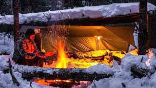 Winter Bushcraft Camping With Tarp Shelter