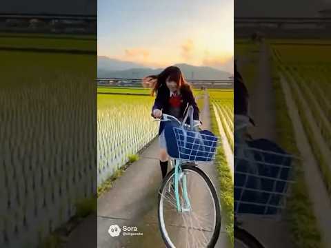 女子高生が自転車で田んぼに転倒する