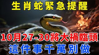 生肖蛇註意！10月27到30日將大禍臨頭，這件事千萬別做，後果難以承受！【梵心若素】#生肖 #運勢 #風水 #財運 #命理