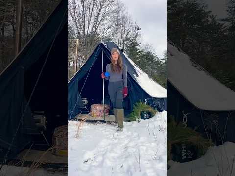 Cozy Ramen Inside my Hot Tent during a snow storm ❄️🧊⛺️🏔️ #asmr #camping #naturesounds