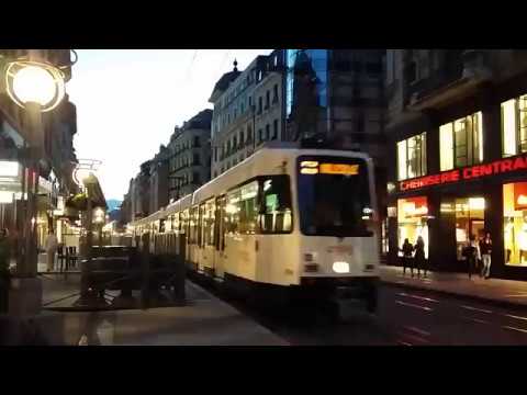 Tram number 12 runs along the quaint old streets of Geneva, Switzerland...