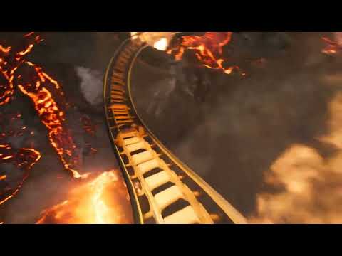 First-person POV of a roller coaster plunging into the mouth of an erupting volcano. The track spirals down through rivers of glowing orange lava, sparks and embers flying past the camera.